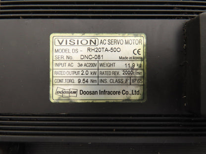 Vision DS-RH20TA-50O AC Servo Motor 2kW 2000 RPM 200V 12.3A 3PH Encoder 35ANN57
