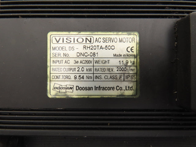 Vision DS-RH20TA-50O AC Servo Motor 2kW 2000 RPM 200V 12.3A 3PH Encoder 35ANN57
