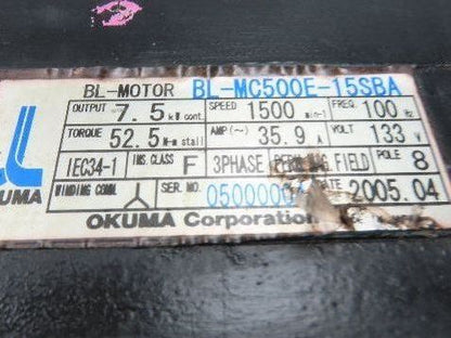 Okuma BL-MC500E-15SBA AC Servo Motor 7.5kW 1500 RPM 133V 3PH Encoder ER-FC-2048D