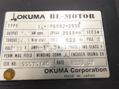 Okuma BL-MP500J-20SB AC Servo Motor 7.1kW 2000 RPM 132V 3PH Encoder ER-JC-7200D