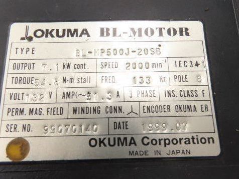 Okuma BL-MP500J-20SB AC Servo Motor 7.1kW 2000 RPM 132V 3PH Encoder ER-JC-7200D