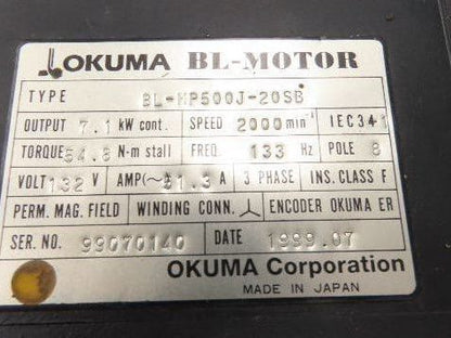 Okuma BL-MP500J-20SB AC Servo Motor 7.1kW 2000 RPM 132V 3PH Encoder ER-JC-7200D
