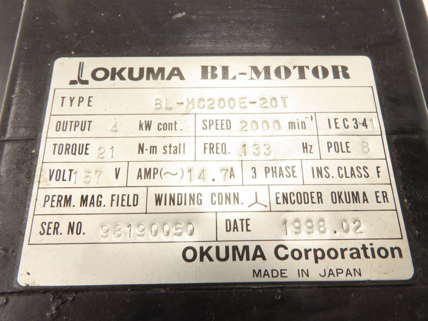 Okuma BL-MC200E-20T AC Servo Motor 4kW 2000 RPM 157V 3PH Encoder ER-FC-2048D