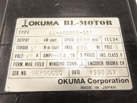 Okuma BL-MC200E-20T AC Servo Motor 4kW 2000 RPM 157V 3PH Encoder ER-FC-2048D
