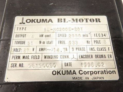 Okuma BL-MC200E-20T AC Servo Motor 4kW 2000 RPM 157V 3PH Encoder ER-FC-2048D