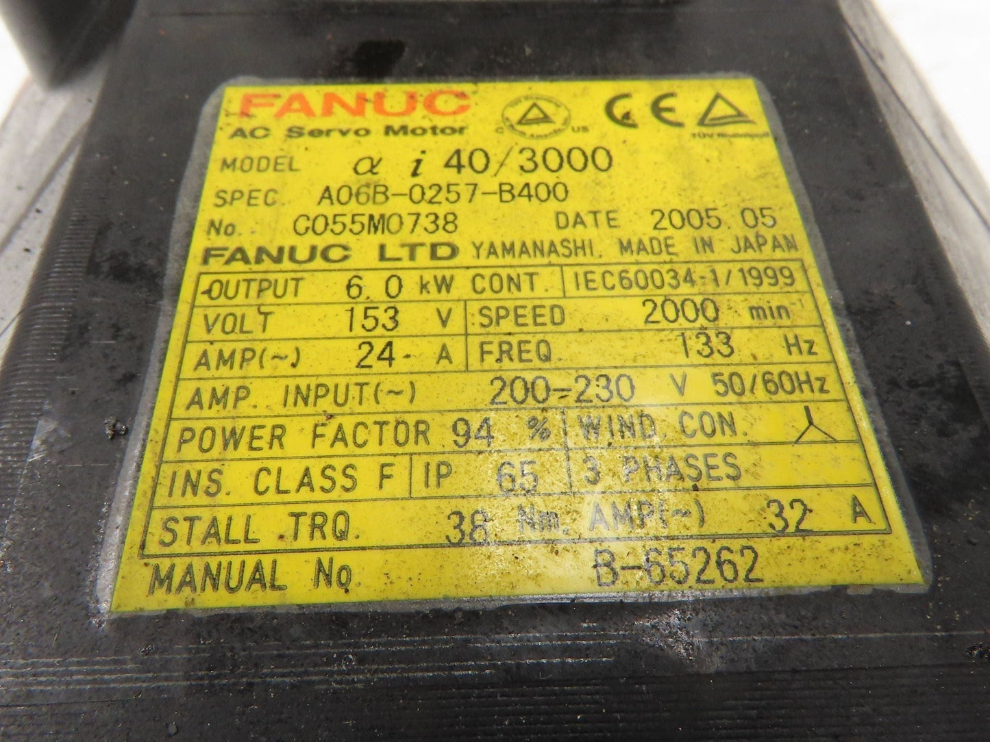 Fanuc A06B-0257-B400 AC Servo Motor 7kW 3000 RPM 149V 3PH Encoder A208-8200-020