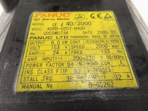 Fanuc A06B-0257-B400 AC Servo Motor 7kW 3000 RPM 149V 3PH Encoder A208-8200-020