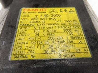 Fanuc A06B-0257-B400 AC Servo Motor 7kW 3000 RPM 149V 3PH Encoder A208-8200-020