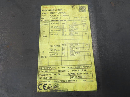 Fanuc A06B-1453-B100 AC Spindle Motor 29.5Hp 3450rpm 131-220v 3ph