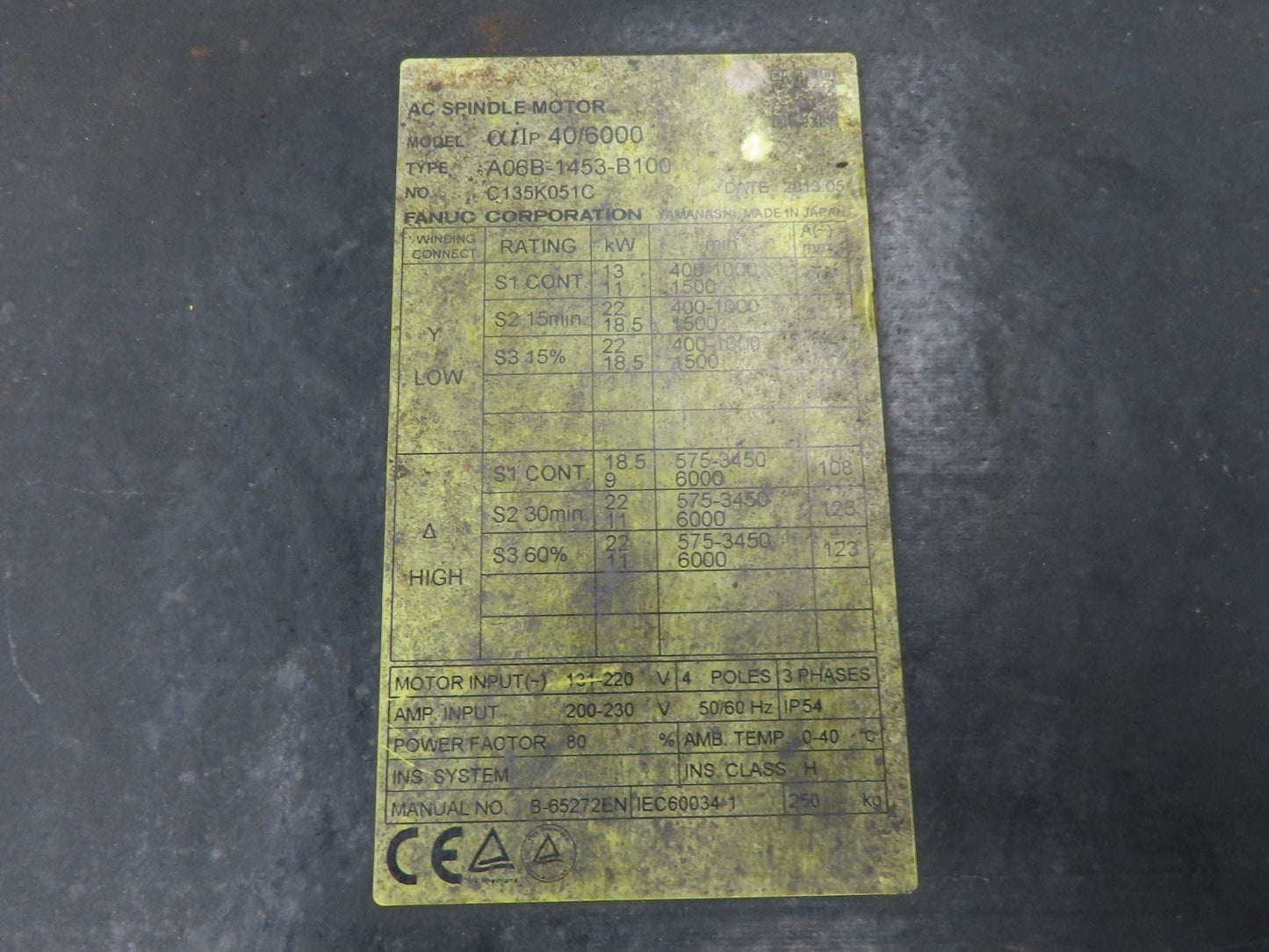 Fanuc A06B-1453-B100 AC Spindle Motor 29.5Hp 3450rpm 131-220v 3ph