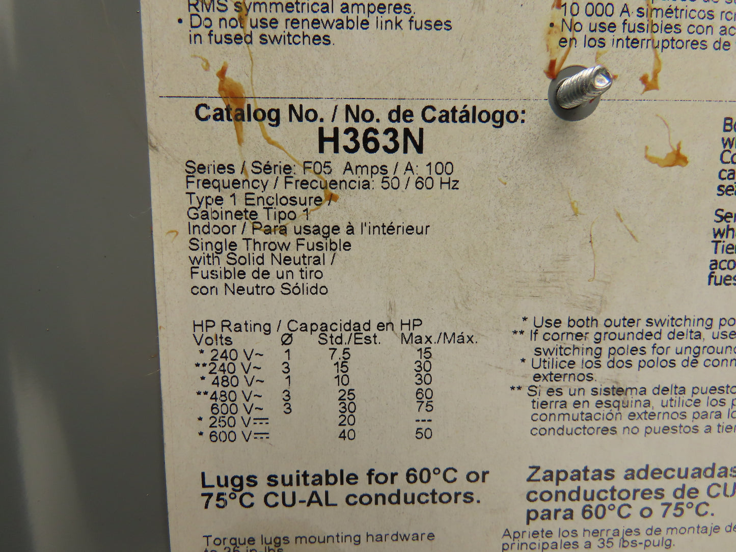 Square D H363N Safety Disconnect Switch 100 Amp 600V 3 Pole Ph Fusible