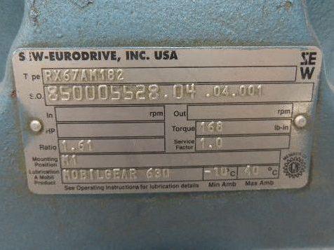 Sew-Eurodrive RX67AM182 Inline Helical Gearbox 1.61 Reducer 3Hp 182TC