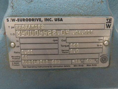 Sew-Eurodrive RX67AM182 Inline Helical Gearbox 1.61 Reducer 3Hp 182TC