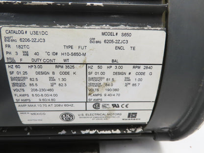 U.S. Electrical S650 AC Motor 3Hp 3525rpm 208-230/460v 3ph 182TC TE