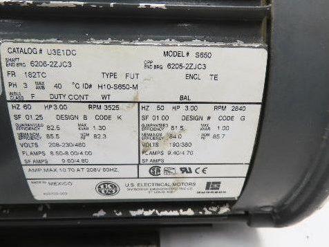 U.S. Electrical S650 AC Motor 3Hp 3525rpm 208-230/460v 3ph 182TC TE