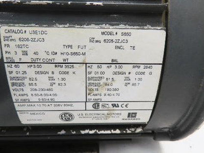 U.S. Electrical S650 AC Motor 3Hp 3525rpm 208-230/460v 3ph 182TC TE
