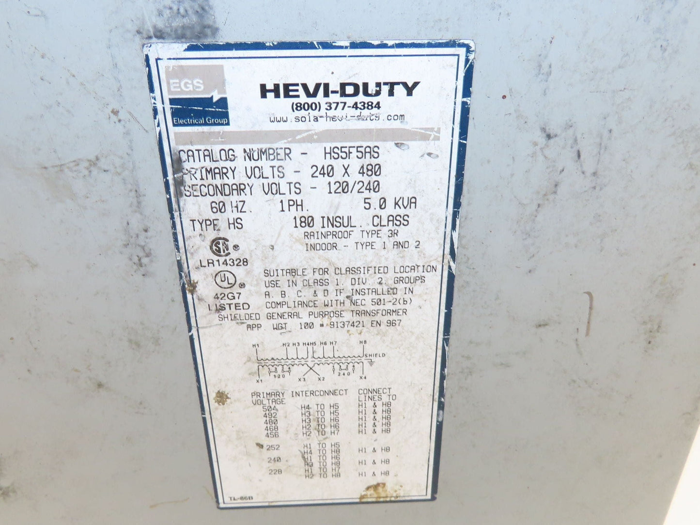 Sola Hevi-Duty HS5F5AS Wall Mount Transformer 5KVA 240x480V - 120/240V 1PH 3R