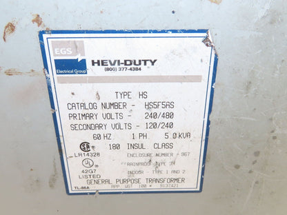 Sola Hevi-Duty HS5F5AS Wall Mount Transformer 5KVA 240x480V - 120/240V 1PH 3R