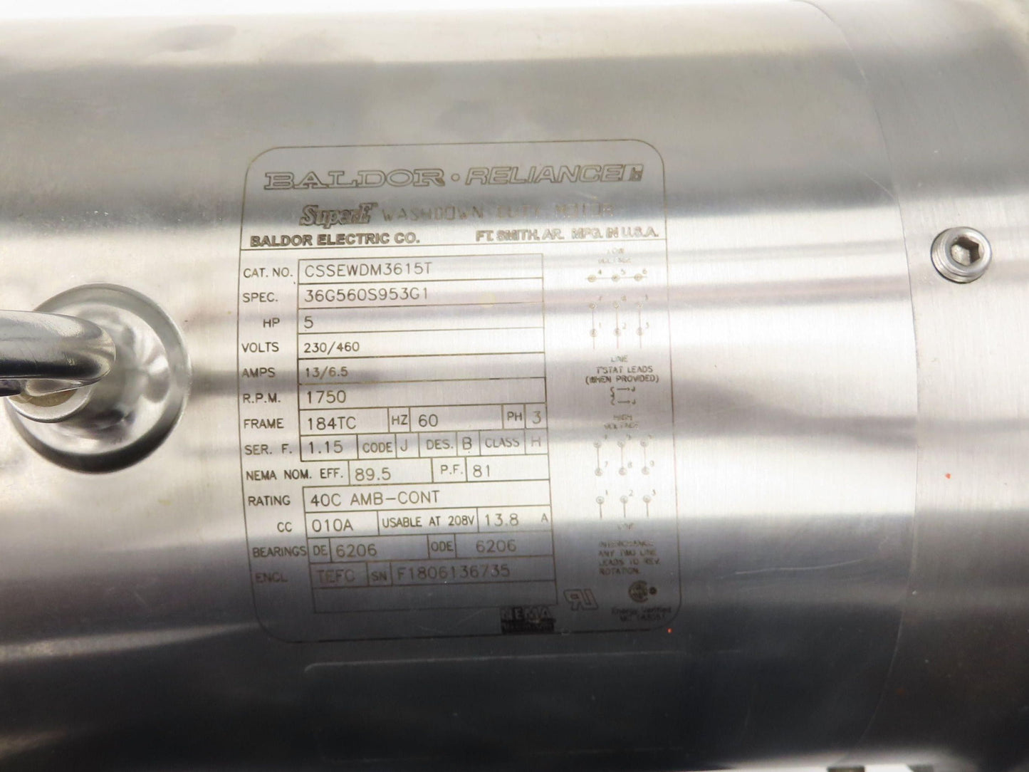 Baldor CSSEWDM3615T Stainless Washdown Motor 5HP1750rpm 230/460V 3PH 184TC