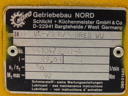 Nord SK02VL71L/4BRE8WU Inline Gearmotor .25kW 230/460V 3PH 29.6:1 56rpm w/Brake