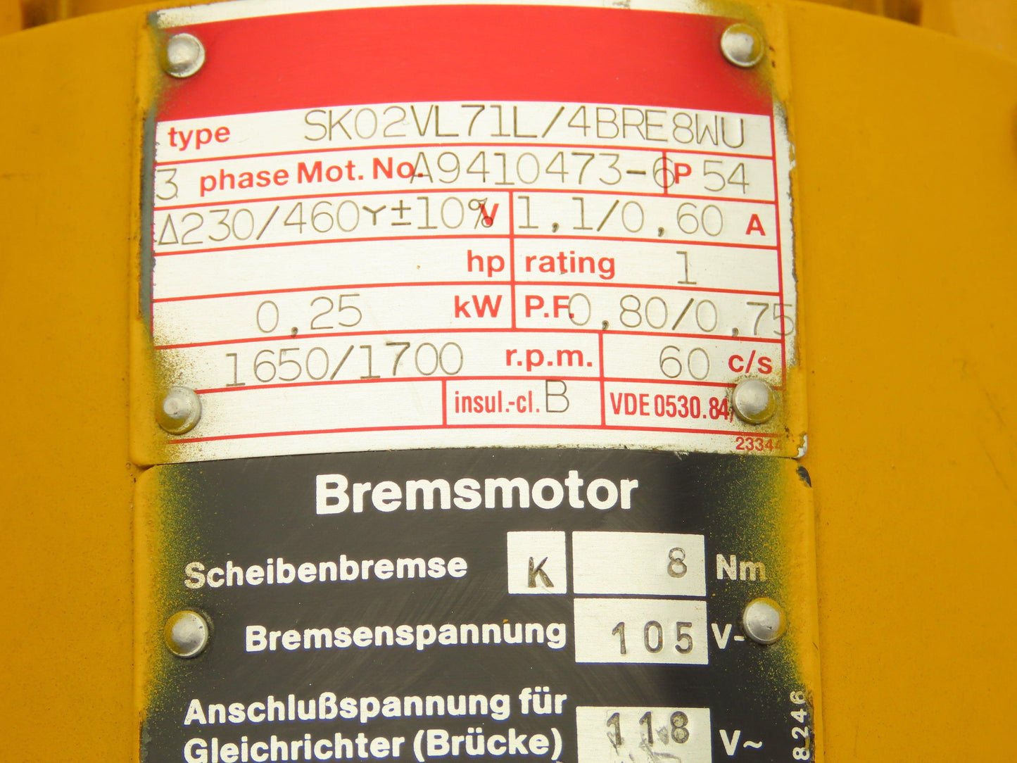 Nord SK02VL71L/4BRE8WU Inline Gearmotor .25kW 230/460V 3PH 29.6:1 56rpm w/Brake