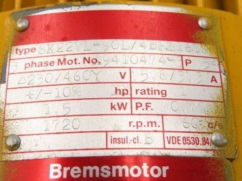 Nord SK22VL-90L/4BRE16TF Brake Gearmotor 1.5kW 230/460V 12:1 Ratio 138rpm Inline