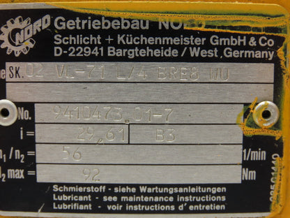 Nord SK02 VL71L/4BRE8WU Inline Gearmotor .25kW 230/460V 3PH 29.6:1 56rpm w/Brake