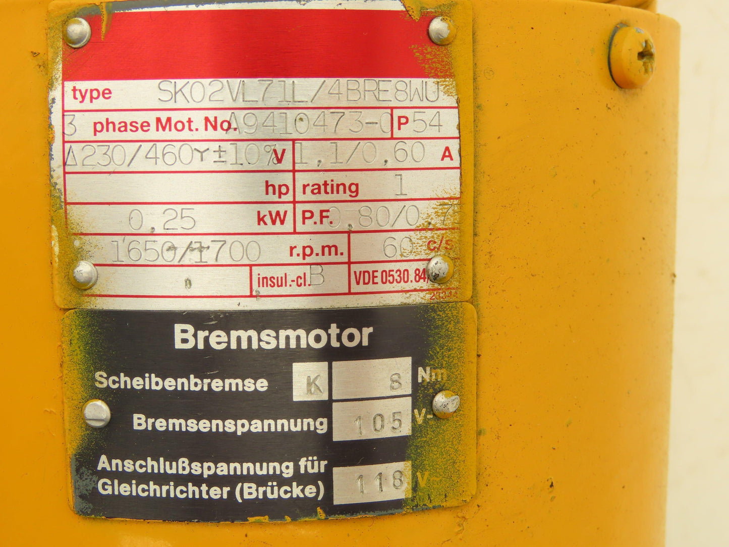 Nord SK02 VL71L/4BRE8WU Inline Gearmotor .25kW 230/460V 3PH 29.6:1 56rpm w/Brake