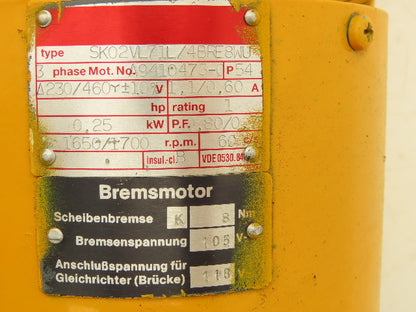 Nord SK02 VL71L/4BRE8WU Inline Gearmotor .25kW 230/460V 3PH 29.6:1 56rpm w/Brake