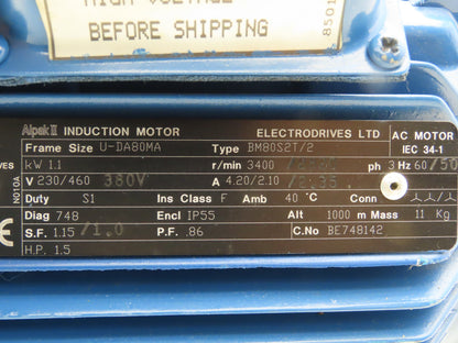 Electrodrives BM80S2T/2 Alpak II Brake Motor 1.1kw 3400rpm 230/460V 3PH IEC 80MA