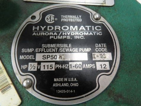 Hydromatic SP50A1 Submersible Sewage Pump 2"NPT Discharge 1/2Hp 115V 1PH