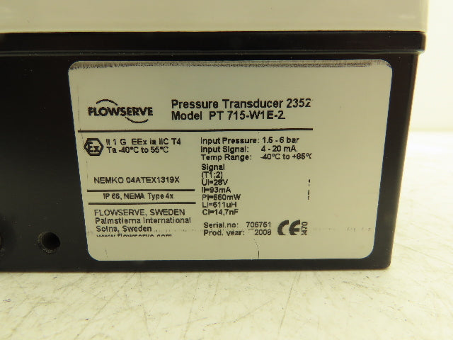 FlowServe PT 715-W1E-2 Pressure Transducer 1.5-6 bar 22-87 psi IP66 NEMA 4x