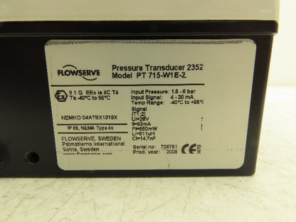 FlowServe PT 715-W1E-2 Pressure Transducer 1.5-6 bar 22-87 psi IP66 NEMA 4x