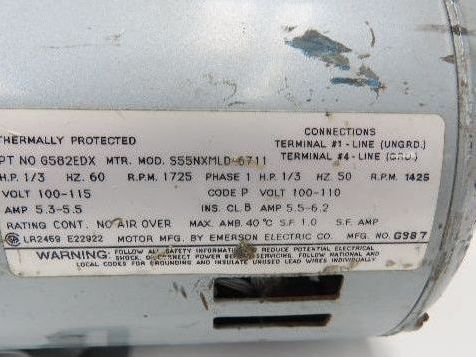 Emerson S55NXMLD-6711 Rotary Vane Pump AC Motor 1/3Hp 1725rpm 110/220v 1ph 60hz