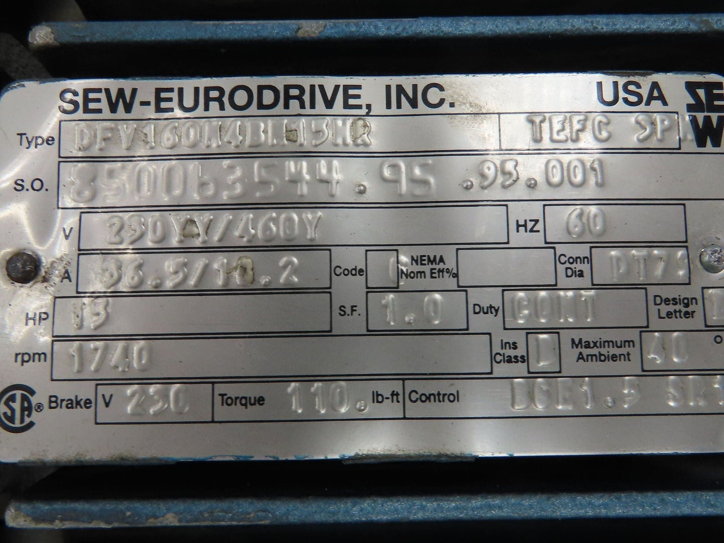 Sew-Eurodrive AC Brake Motor 15Hp 1740rpm 230YY/460Y 3ph 160M TEFC
