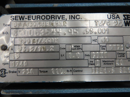 Sew-Eurodrive AC Brake Motor 15Hp 1740rpm 230YY/460Y 3ph 160M TEFC