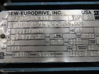 Sew-Eurodrive AC Brake Motor 15Hp 1740rpm 230YY/460Y 3ph 160M TEFC