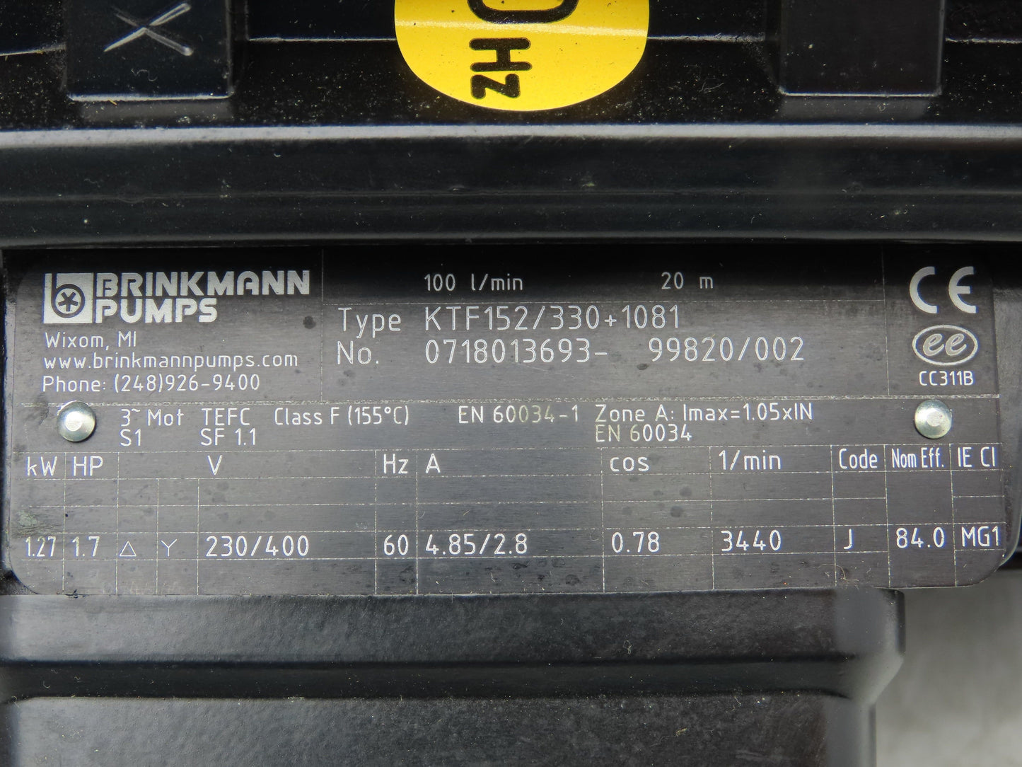 Brinkmann KTF152/330+1081 Plastic Chemical Immersion Pump 35gpm 1.7Hp 230V 3PH