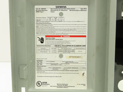 Siemens GNF322 Safety Switch Disconnect Non Fusible 60A 240VAC 250VDC HP Rated