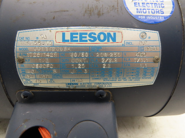 Leeson C6T17DC53A AC Brake Motor 1/2Hp 1725rpm 208-230/460v 3ph C56CFC D.P.