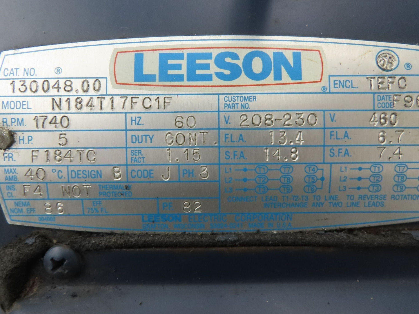 Leeson N184T17FC1F AC Motor 5Hp 1740rpm 208-230/460v 3ph J56C TEFC