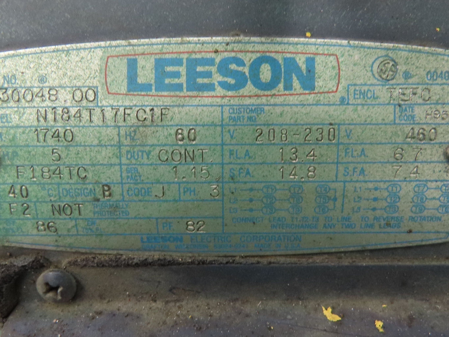 Leeson N184T17FC1F AC Motor 5Hp 1740rpm 208-230/460v 3ph J56C TEFC