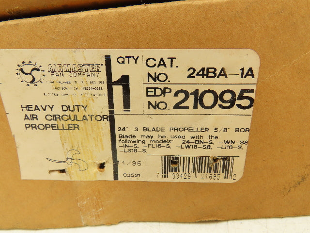 Airmaster Fan 21095 24" Cast Aluminum Propeller 3-Blade 5/8" Bore 24BA-1A