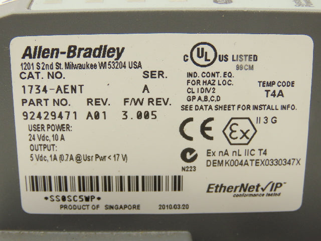 Allen Bradley 1734-AENT PLC Module Rack Ethernet Interface I/O Ser A Rev A01