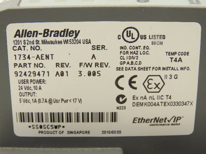 Allen Bradley 1734-AENT PLC Module Rack Ethernet Interface I/O Ser A Rev A01