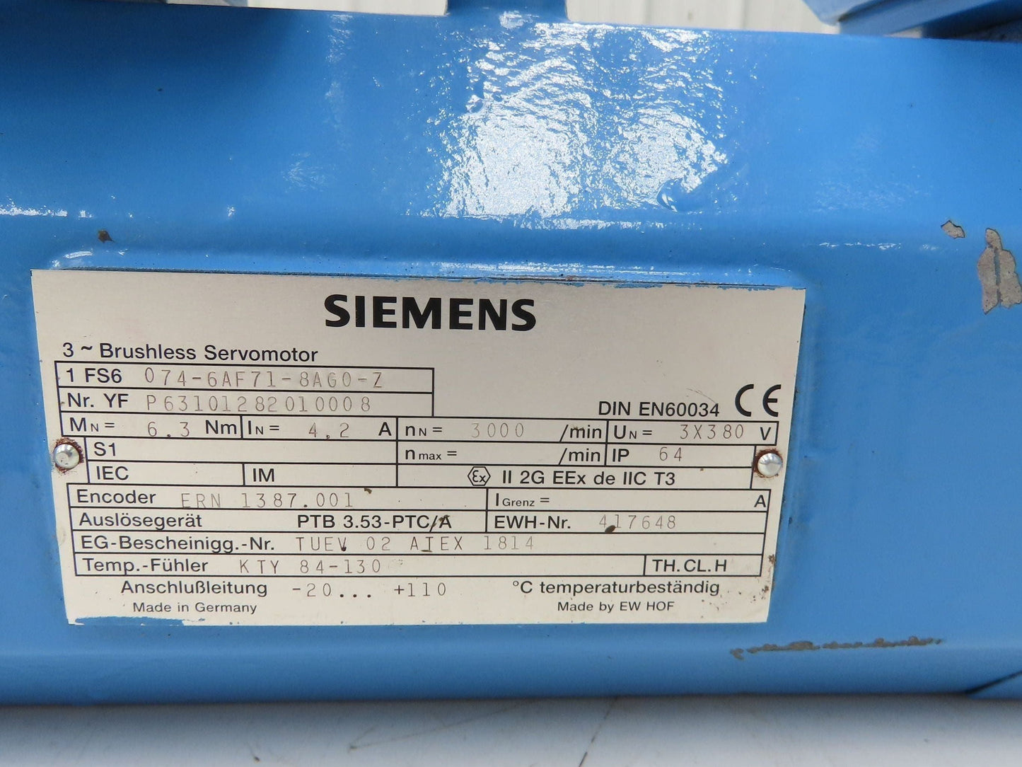 Siemens 1FS6 074-6AF71-8AG0-Z Brushless Servo Motor Explosion Proof ATEX 1814