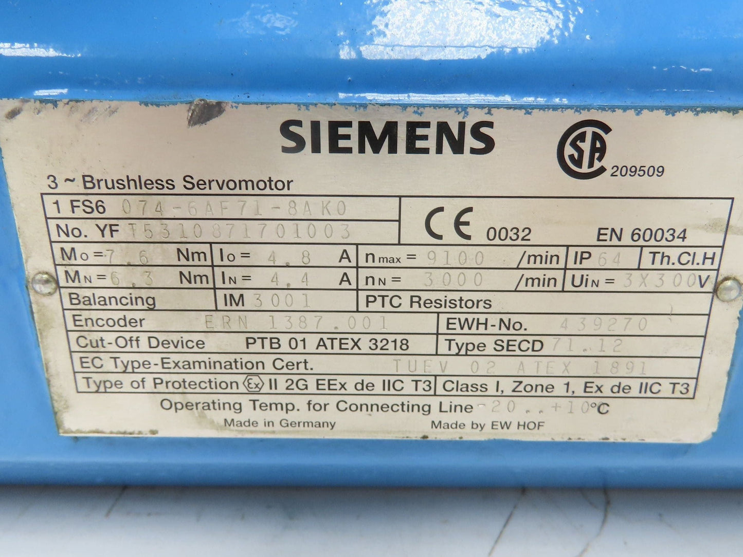 Siemens 1FS6 074-6AF71-8AK0 Brushless Servo Motor Explosion Proof ATEX 1891