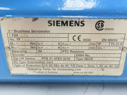 Siemens 1FS6 074-6AF71-8AK0 Brushless Servo Motor Explosion Proof ATEX 1891