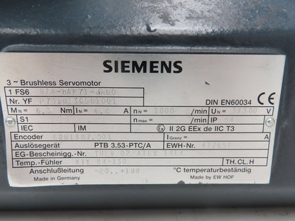 Siemens 1FS6 074-6AF71-8AG0-Z Brushless Servo Motor Explosion Proof ATEX 1814