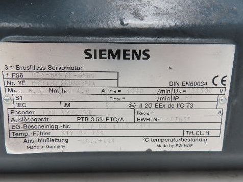 Siemens 1FS6 074-6AF71-8AG0-Z Brushless Servo Motor Explosion Proof ATEX 1814